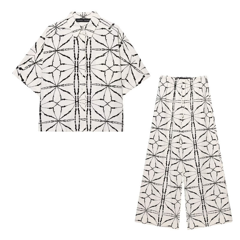 Spring and Summer New  Style Shirt Top Short Sleeve Wide Leg Pants Leisure Design Set