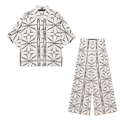 Spring and Summer New  Style Shirt Top Short Sleeve Wide Leg Pants Leisure Design Set