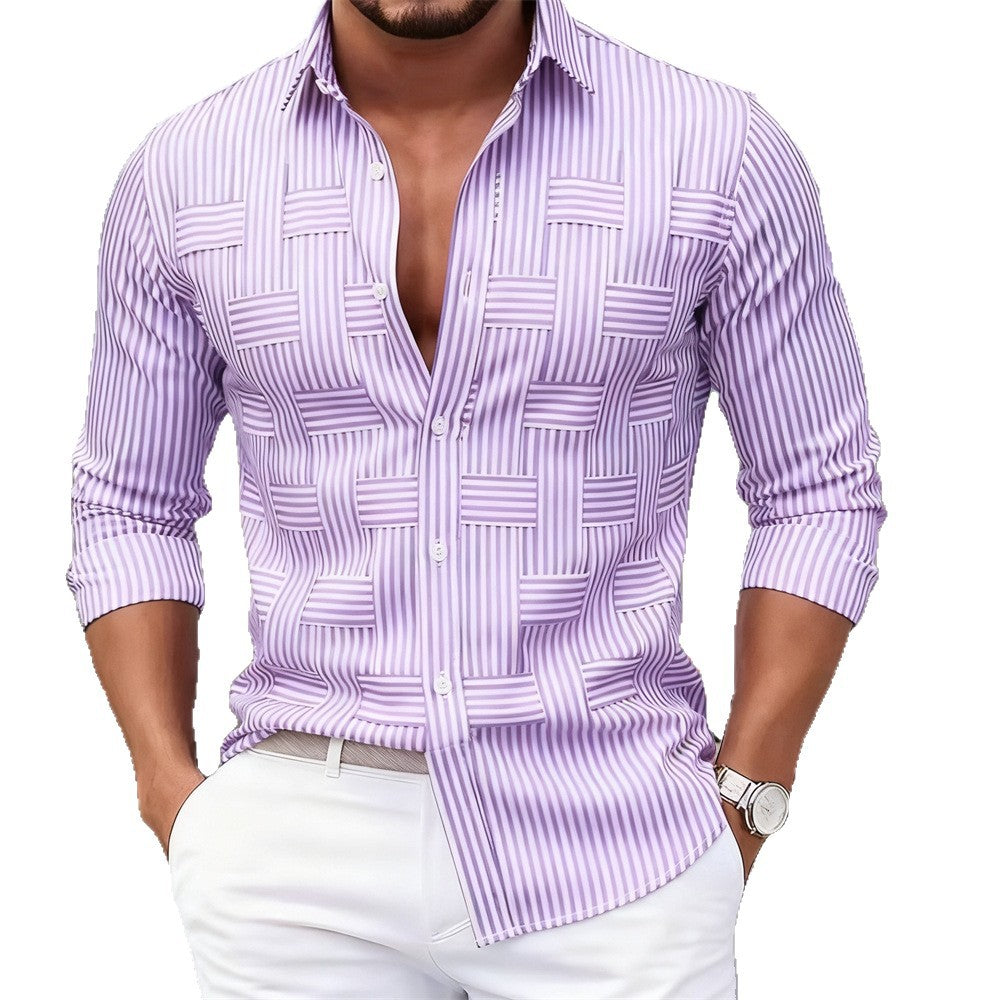 Mens Blue White Striped Woven Long Sleeve Shirt