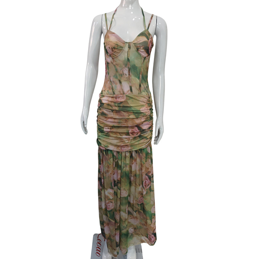 Sexy Suspender Print Vacation Beach High Waist Slim Slit Dress for Women