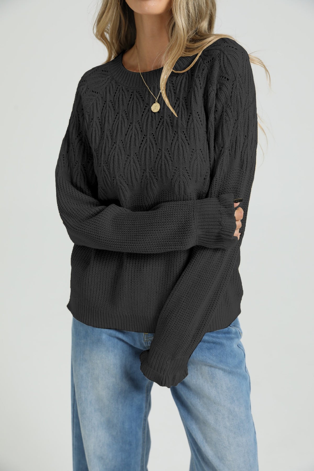 Women's Loose Round Neck Long Sleeve Solid Thick Knit Pullover Sweater