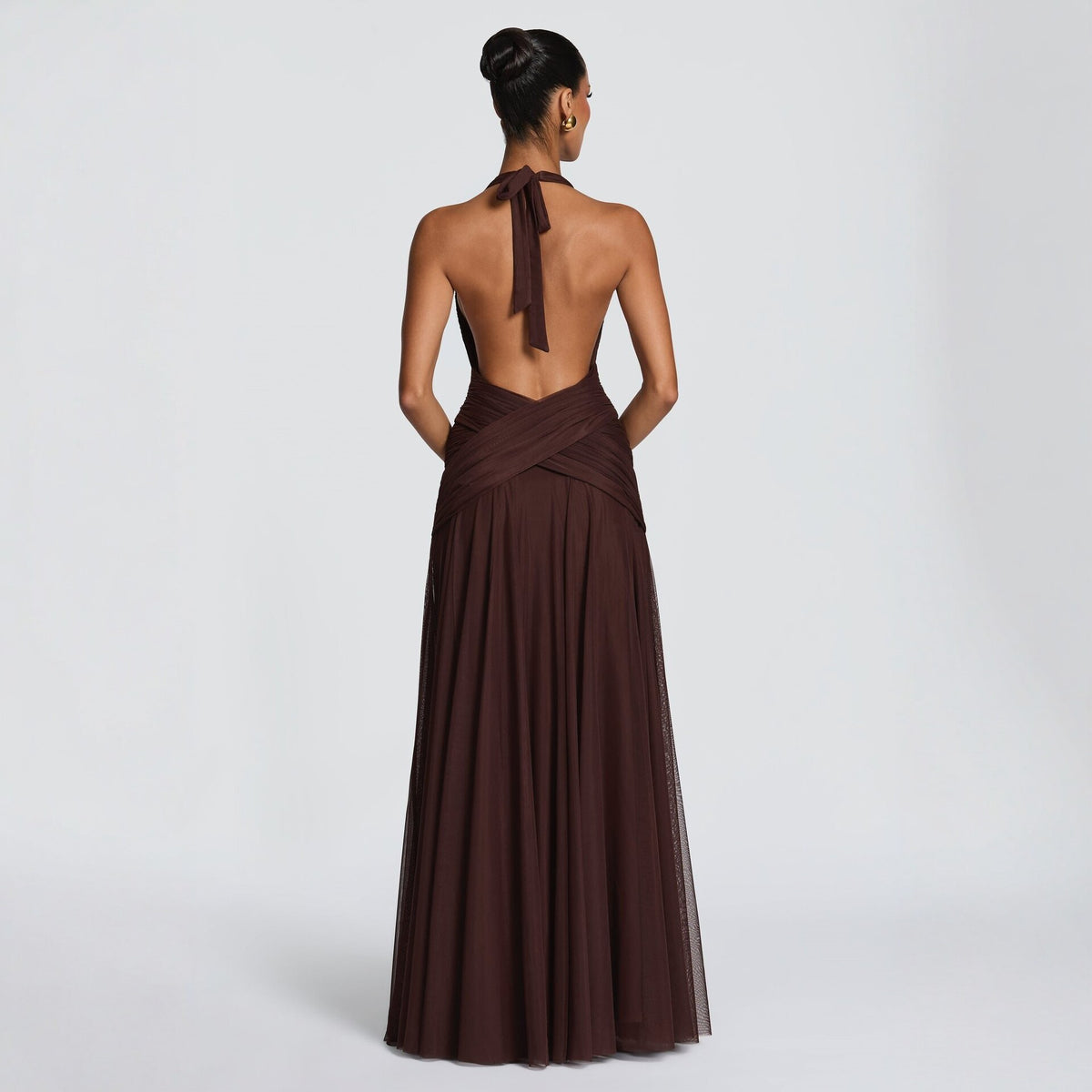 Halterjurk van chiffon met een rok van mesh