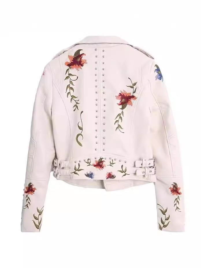 Embroidered Rivet Detail Leather Jacket