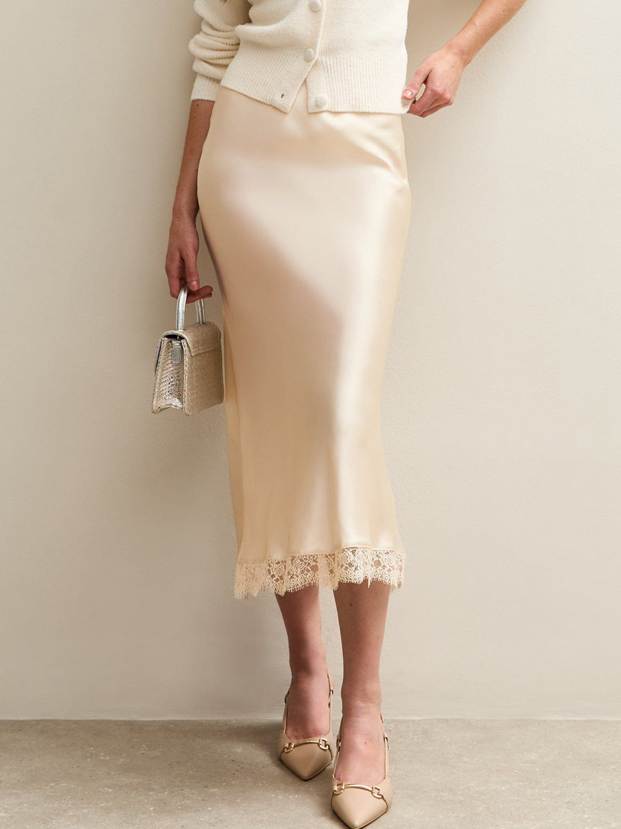 Women's High-Waisted Lace Satin A-Line Maxi Midi Skirt