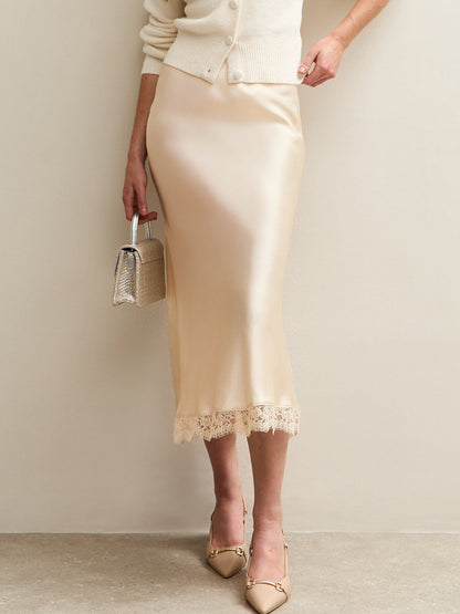 Women's High-Waisted Lace Satin A-Line Maxi Midi Skirt
