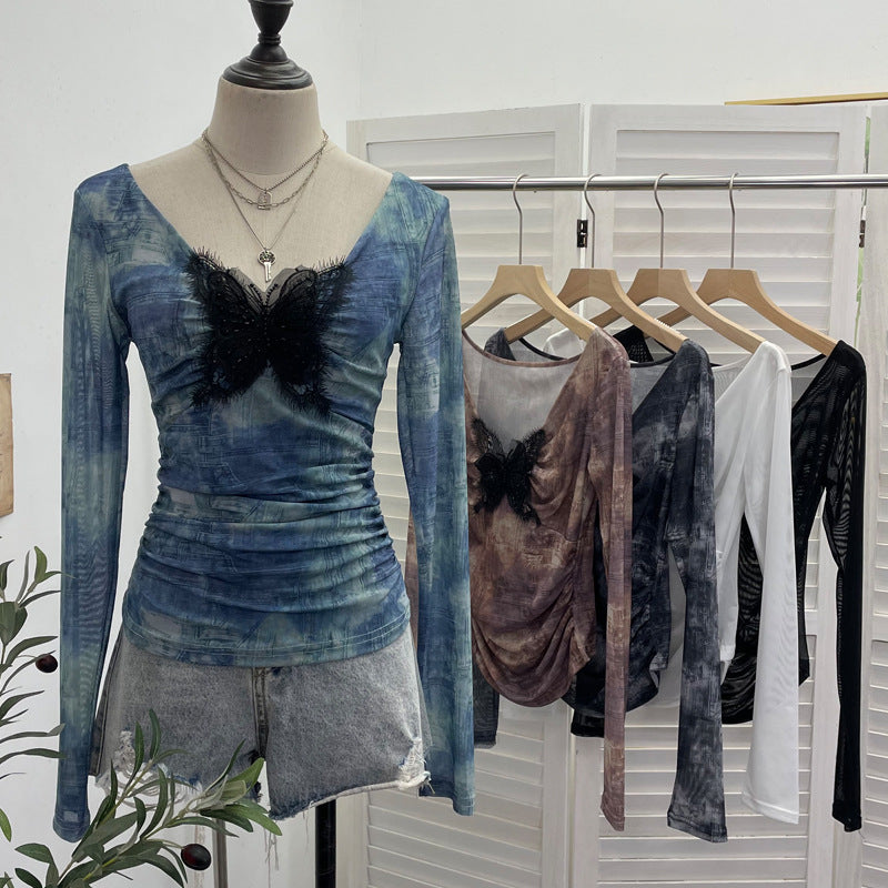 Lace butterfly V-neck top
