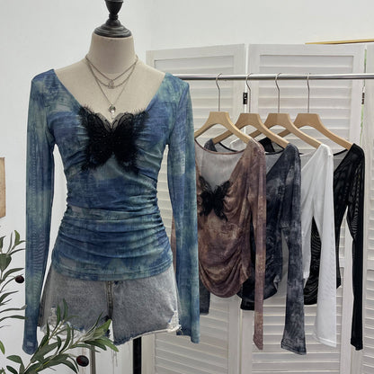 Lace butterfly V-neck top