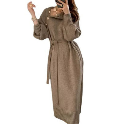 Retro Dress High Collar Knitted Waist-Cinching