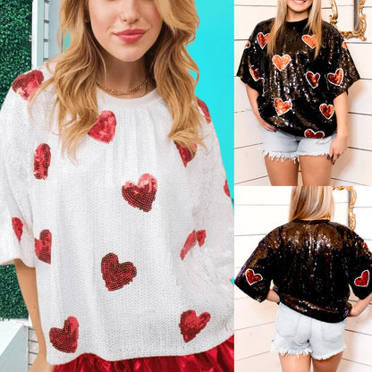 Amerikaans ronde hals pailletten harten T-shirt Heavy Industry