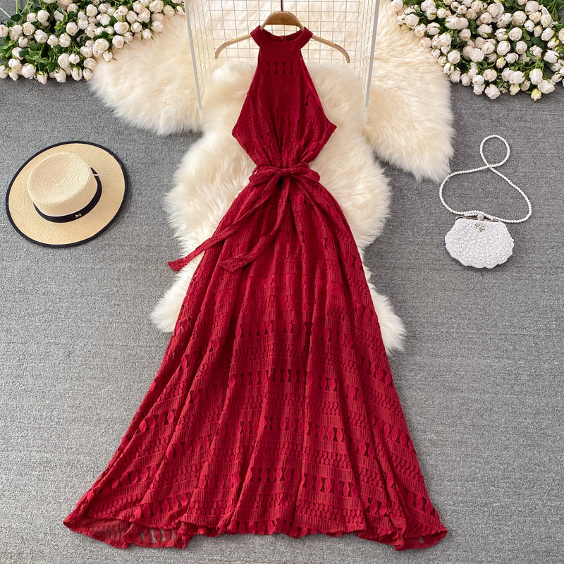 Beach Dress Summer Halter Neck Off Shoulder Hollow Lace Dress Seaside Holiday Elegant Big Swing Long Skirt Summer