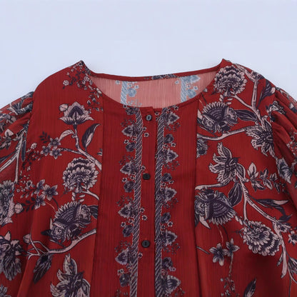 Plus size maxi-jurk met ronde hals etnische stijlprint korte pofmouwen en enkele rij knopen