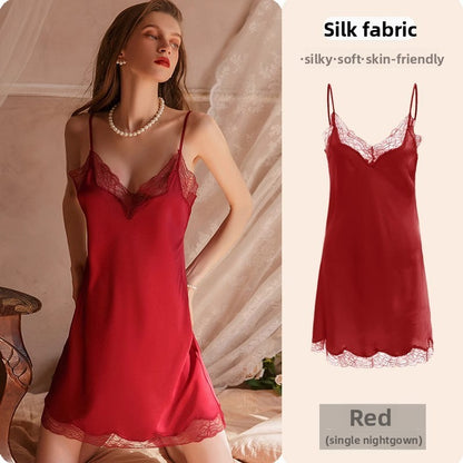 Lace Trim Ice Silk Womens Sleepwear Nightdress