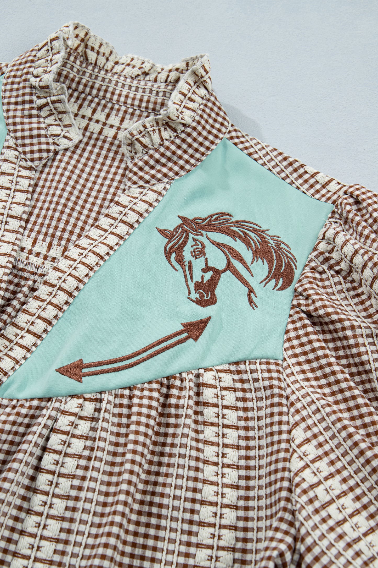 Brown Western Pony Embroidered Yoke Puff Sleeve Gingham Blouse