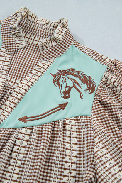 Brown Western Pony Embroidered Yoke Puff Sleeve Gingham Blouse