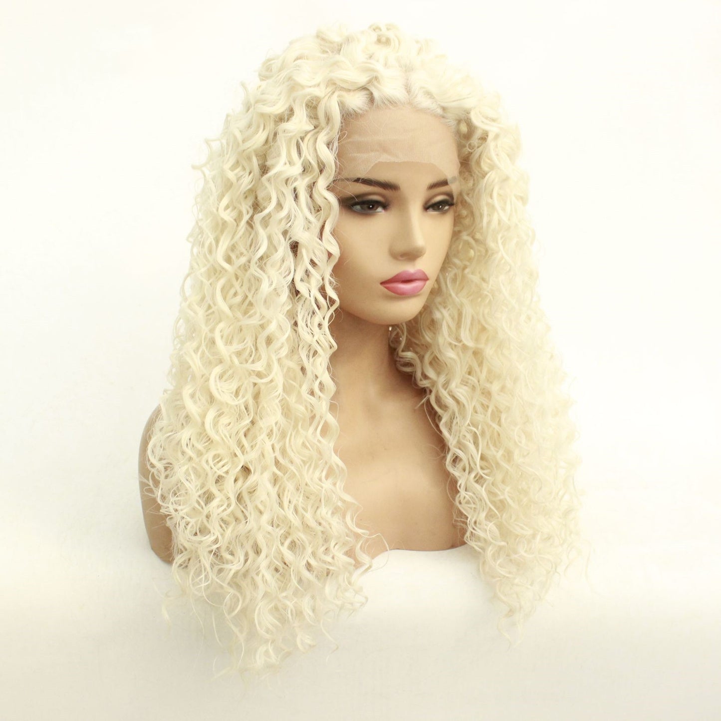 Blond gekrulde synthetische lace wig