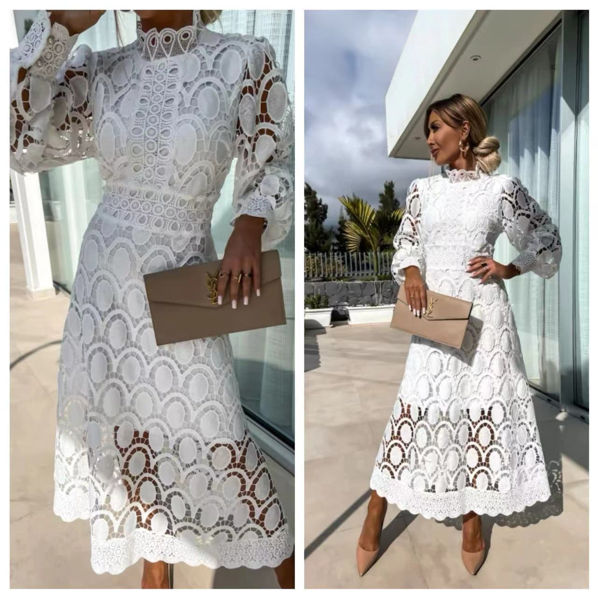 French Style Lace Collar Puff Sleeve Long Dress