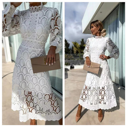 French Style Lace Collar Puff Sleeve Long Dress