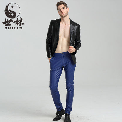 2025 new spring and autumn leather pants men's fashion skinny motorcycle leather pants thin plus size PU trousers wholesale