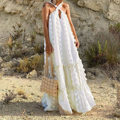 2026 Spring/Summer European and American New Style Solid Color Fashionable 3D Floral Floor-Length Cake Dress Cross-Border Long Dress Women's Halter Dress