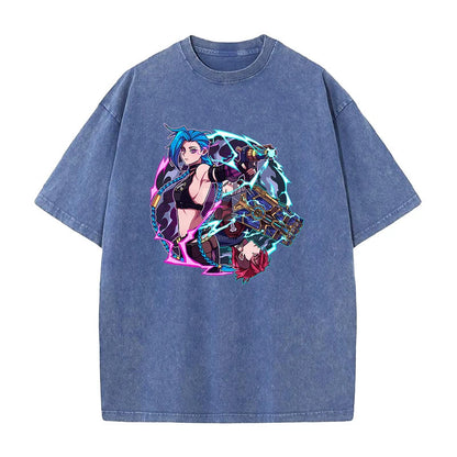 Summer New Anime League of Legends Pattern Printed T-Shirt Summer Cotton Washed Vintage Short Sleeve