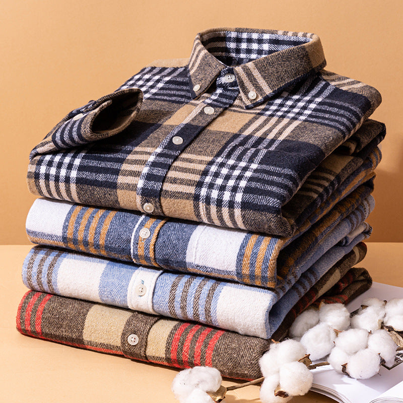 Men's 100% Cotton Thickened Brushed Plaid Long Sleeve Button Down Shirt