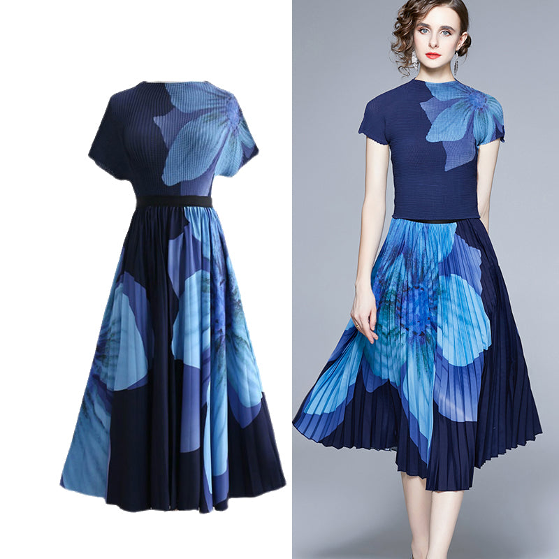 Tingfly Women Fashion Dress Set Stretchy Pullover Tops + Midi Pleated A Line Skirts Lady Summer Casual Streetwear 2 Pcs Sets