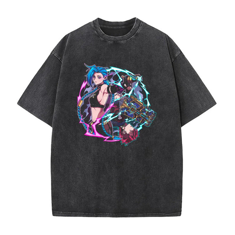 Summer New Anime League of Legends Pattern Printed T-Shirt Summer Cotton Washed Vintage Short Sleeve