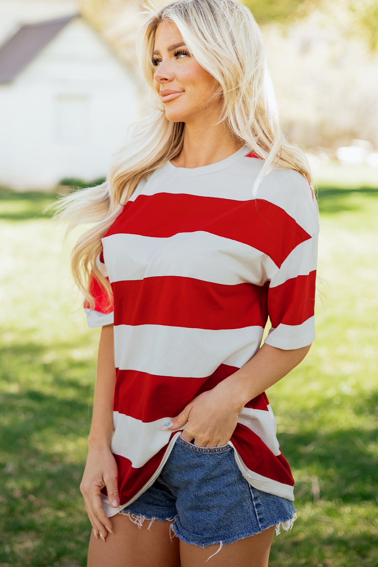 Oversized gestreepte T-shirt met kleurblokken en korte mouwen