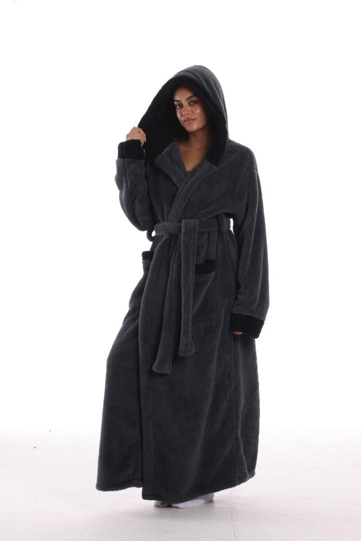 Hooded Solid Color Fleece Bathrobe with Belt Ankle Length Warm Couple Loungewear