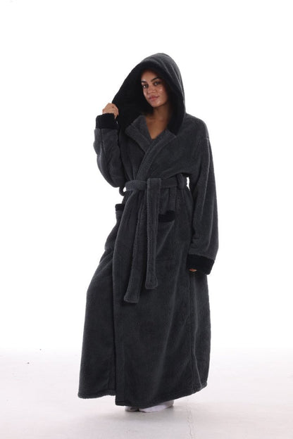 Hooded Solid Color Fleece Bathrobe with Belt Ankle Length Warm Couple Loungewear