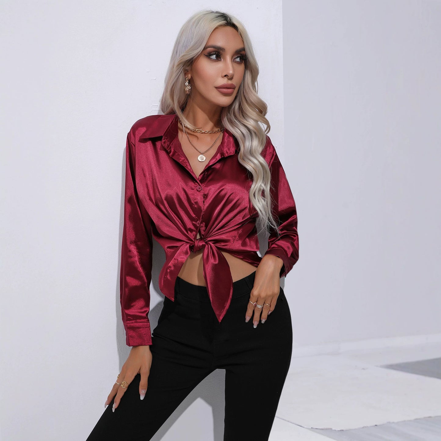 Womens Long Sleeve Satin Shirt