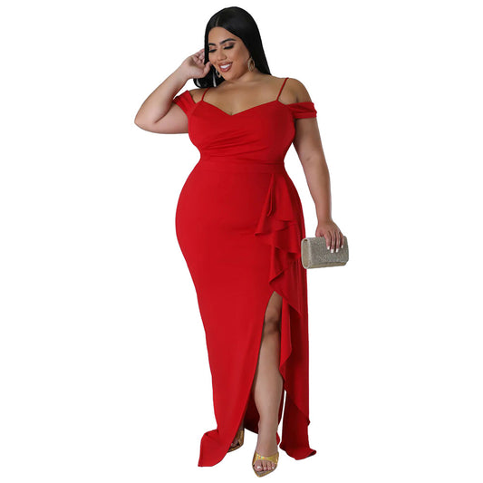 Plus size gerimpelde slingjurk met hoge split