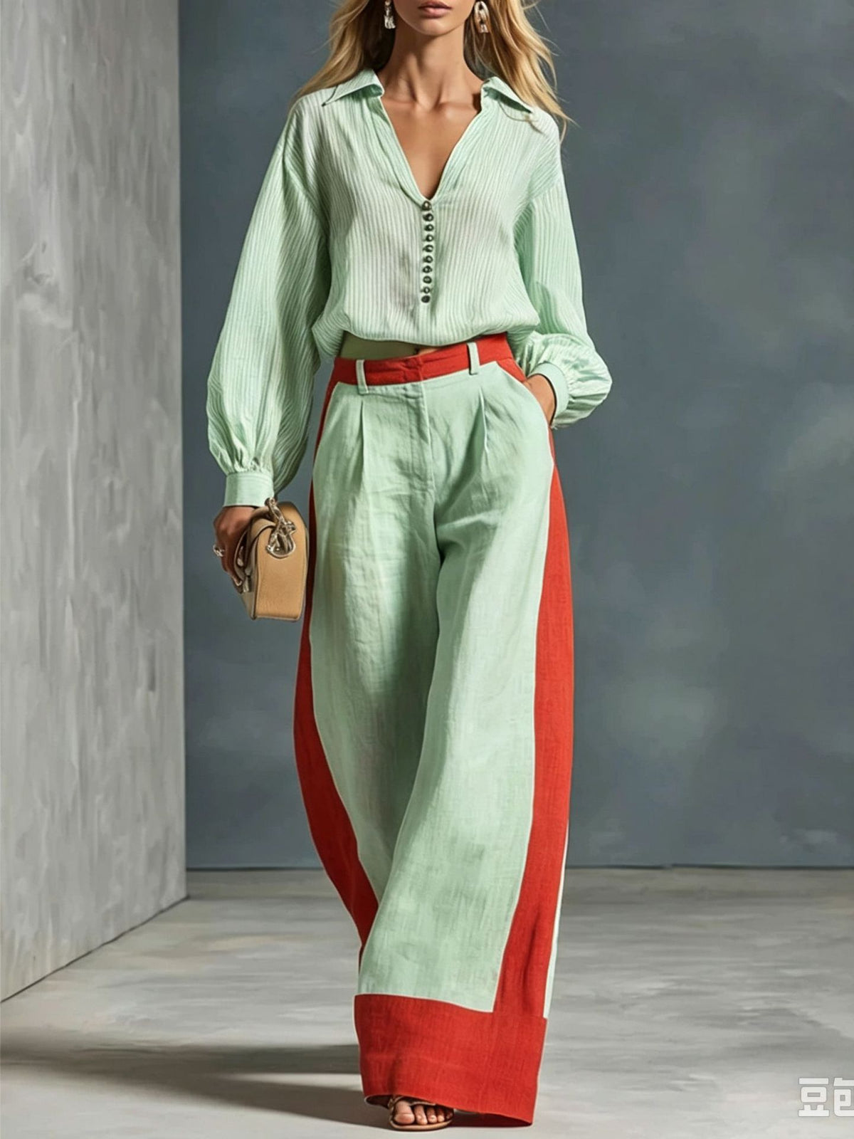 Womens Long Sleeve Shirt Wide Leg Pants Suit