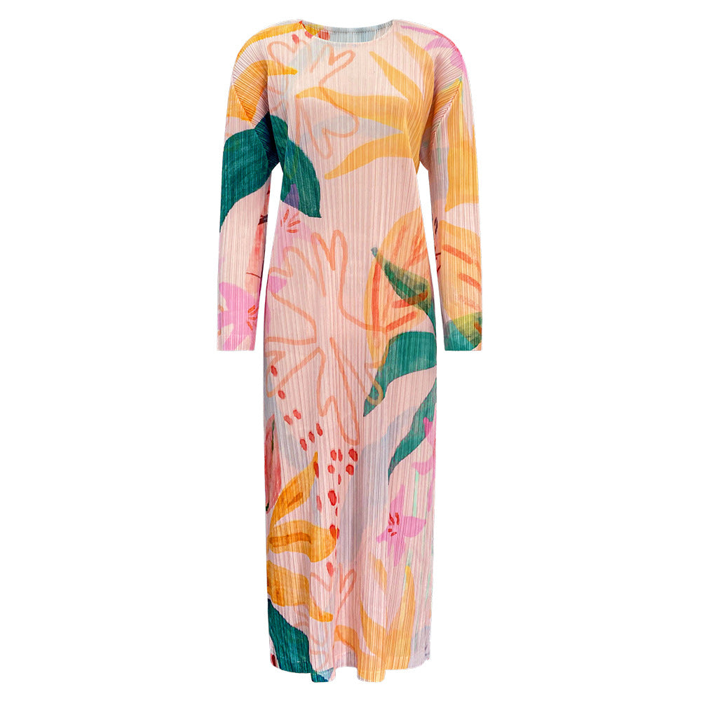 Women's spring and summer temperament waist printed floral pleated A-line long-sleeved dress