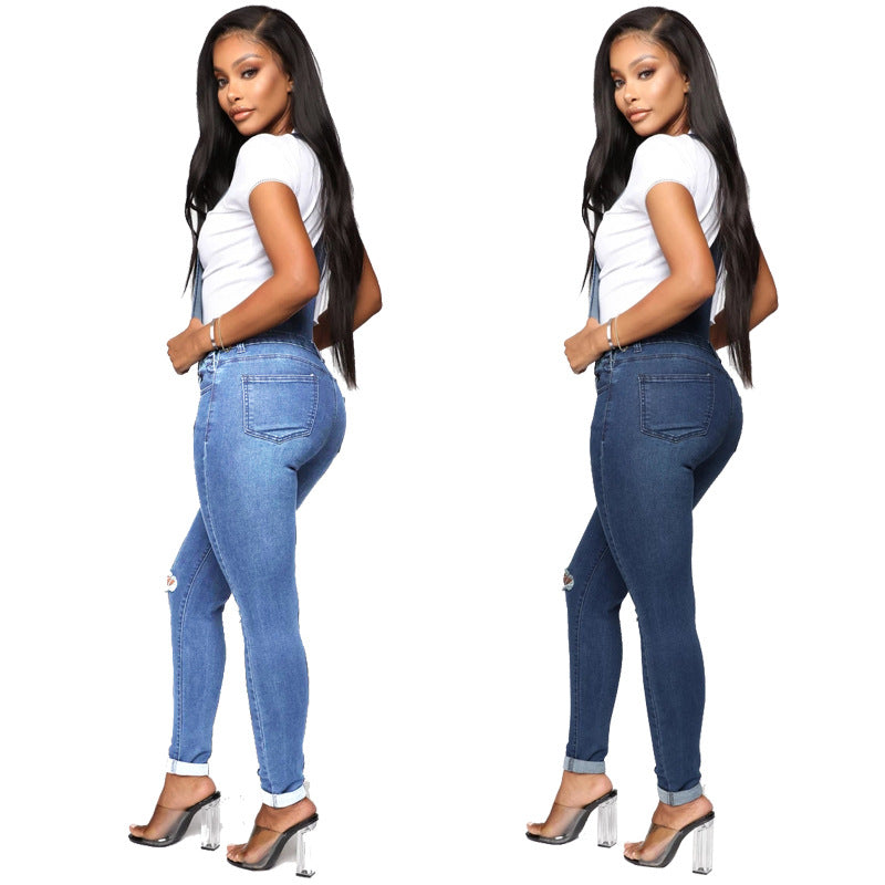 2023 Women's cross-border Amazon in stock Europe and America cross border ripped washed jeans wishebay suspender pants