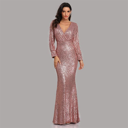 Spring Autumn New Women's Plus Size Long Sleeve V Neck Sequin Mermaid Evening Dress |women's clothing