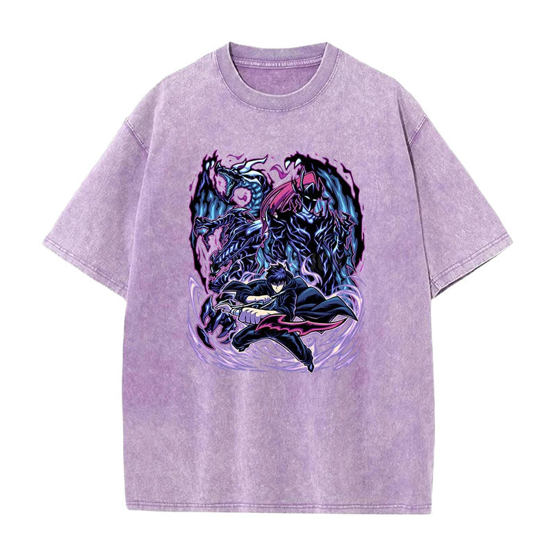 Summer New Anime Solo Leveling Printed T-Shirt Summer Cotton Washed Vintage Short Sleeve