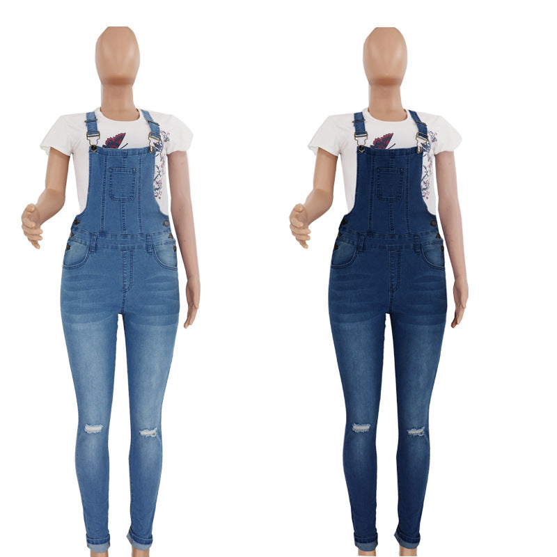 2023 Women's cross-border Amazon in stock Europe and America cross border ripped washed jeans wishebay suspender pants
