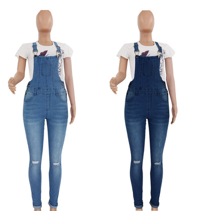 2023 Women's cross-border Amazon in stock Europe and America cross border ripped washed jeans wishebay suspender pants