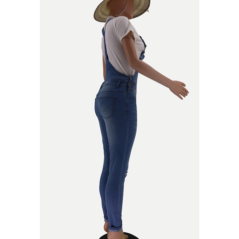 2023 Women's cross-border Amazon in stock Europe and America cross border ripped washed jeans wishebay suspender pants