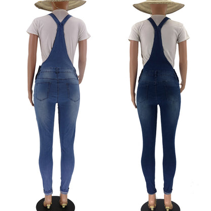 2023 Women's cross-border Amazon in stock Europe and America cross border ripped washed jeans wishebay suspender pants