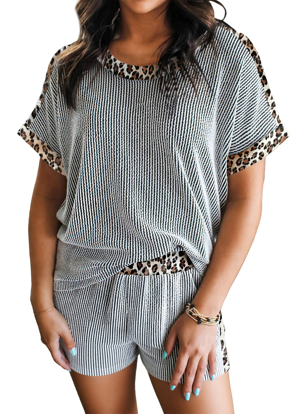 Women's Leopard Print Ribbed T-Shirt and Shorts Set