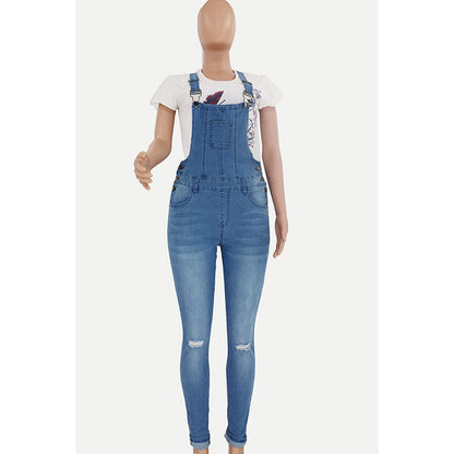 2023 Women's cross-border Amazon in stock Europe and America cross border ripped washed jeans wishebay suspender pants