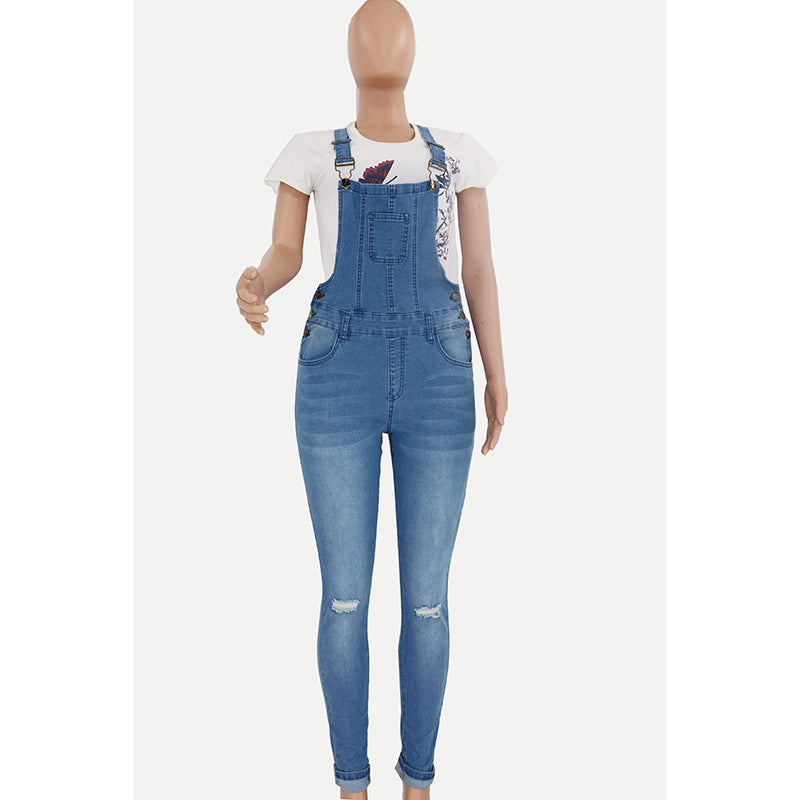 2023 Women's cross-border Amazon in stock Europe and America cross border ripped washed jeans wishebay suspender pants