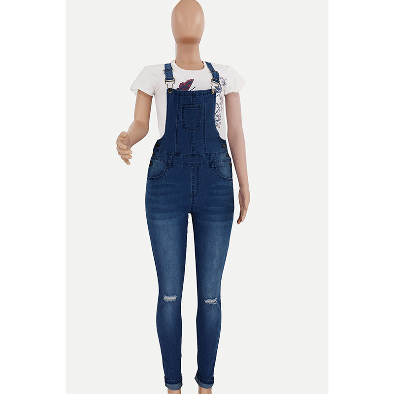 2023 Women's cross-border Amazon in stock Europe and America cross border ripped washed jeans wishebay suspender pants