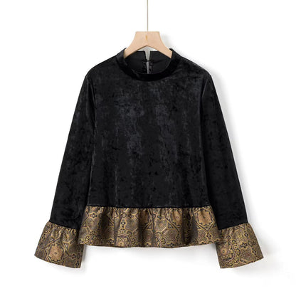 Elegant round neck long sleeved patchwork velvet top