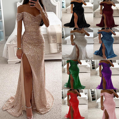 Off-shoulder feestjurk met pailletten en split