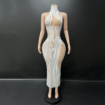 Elegant Pearl Embellished Spandex Dress