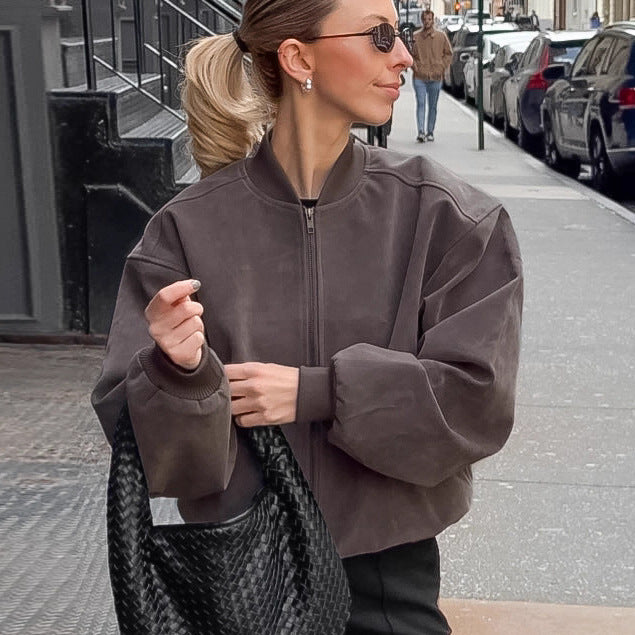 Suède American High Street staande kraag bomberjack met lange mouwen en rits