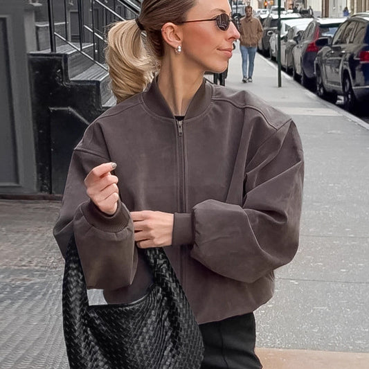 Suède American High Street staande kraag bomberjack met lange mouwen en rits